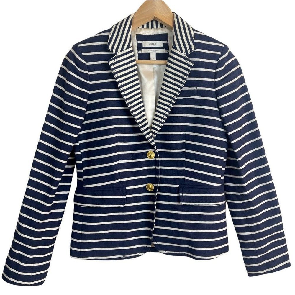 J. Crew Womens Schoolboy Blazer Blue White Striped Pockets Buttons Lined 0 XS